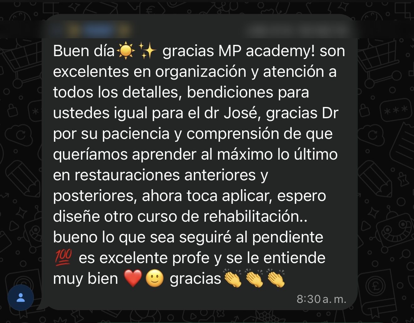 Mensaje de una alumna en el grupo de WhatsApp del curso